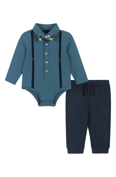 Andy & Evan Babies' Faux Suspender Bodysuit, Pants & Bow Tie Set In Turquoise,aqua
