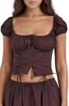 House Of Cb Kitty Puff Sleeve Corset Crop Top In Rich Brown