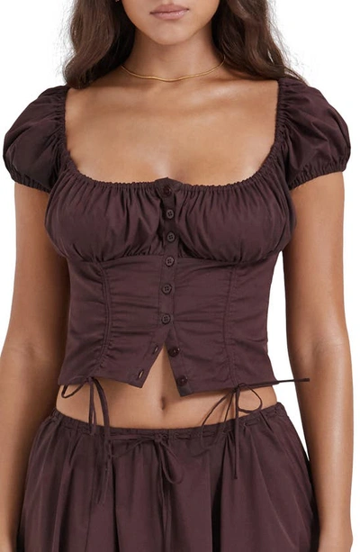 House Of Cb Kitty Puff Sleeve Corset Crop Top In Rich Brown