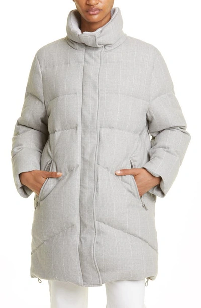 Eleventy Pinstripe Wool Stretch Flannel Puffer Coat In Grigio Chiaro Melange