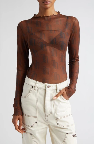Honor The Gift Long Sleeve Mesh Top In Brown
