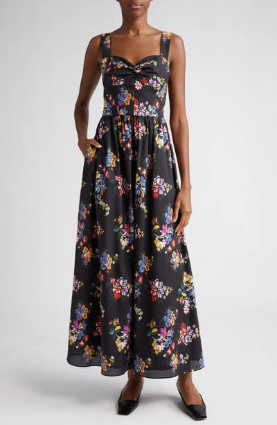 Adam Lippes Floral Print Bustier Bodice Cotton Voile Maxi Dress In Black Floral