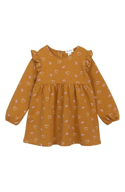 Miles The Label Kids' Heart Print Long Sleeve Stretch Organic Cotton Dress In Rust