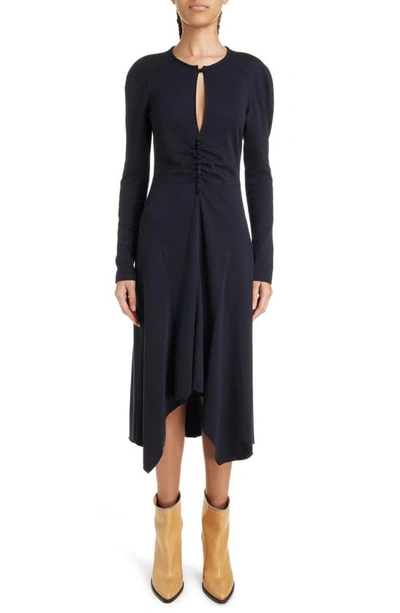 Isabel Marant Dorya Center Ruched Long Sleeve Stretch Silk Midi Dress In Midnight