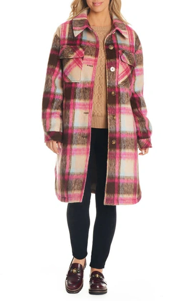 Sanctuary Plaid Longline Shacket In Brown Hot Pink Plaid
