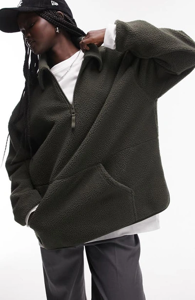 Topshop Borg Oversize Half Zip Textured Fleece Pullover In Green