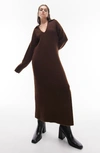 Topshop Long Sleeve Maxi Sweater Dress In Brown