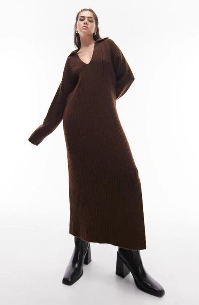 Topshop Long Sleeve Maxi Sweater Dress In Brown