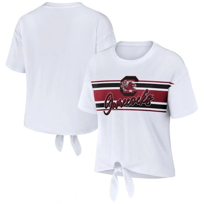 Wear By Erin Andrews White South Carolina Gamecocks Striped Front Knot Cropped T-shirt