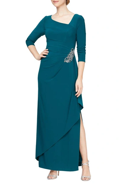 Alex Evenings Ruched Embellished Jersey Gown In Emerald Green