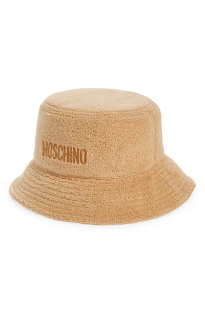 Moschino Logo Embroidered Teddy Fleece Bucket Hat In 1018 Fantasy Print Beige