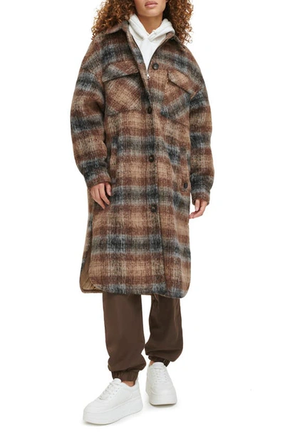 Levi's Plaid Longline Coat In Brown Plaid