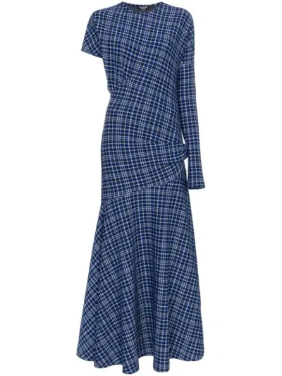 Calvin Klein 205w39nyc Single Sleeve Check Asymmetric Dress In Blue