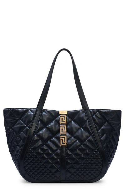 Versace Large Greca Goddess Quilted Leather Tote In Black