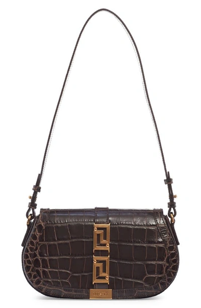 Versace Medium Greca Goddess Croc Embossed Leather Shoulder Bag In Chocolate Sorbet- Gold