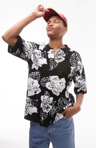 Topman Floral Short Sleeve Knit Button-up Shirt In Black Multi