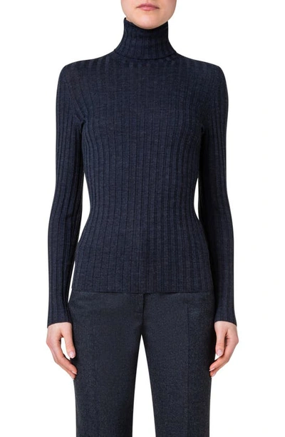 Akris Turtleneck Long-sleeve Wool-silk Rib Jumper In 089 Charcoal