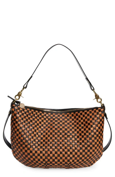 Clare V Moyen Messenger Bag In Black/ Natural Woven Checker