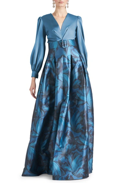 Sachin & Babi Zoe Floral Belted Long Sleeve Gown In Gunmetal Tonal Petal