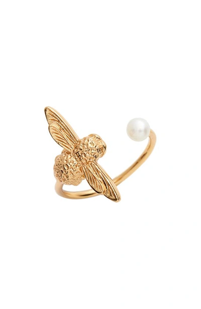 Olivia Burton Cultured Freshwater Pearl Bee Cocktail Ring In Gold
