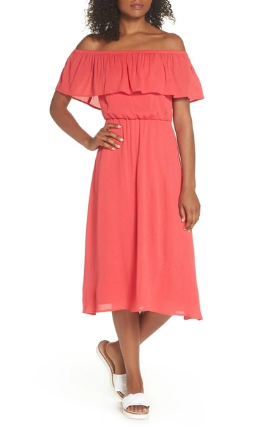 Charles Henry Off The Shoulder Ruffle Midi Dress In Coral