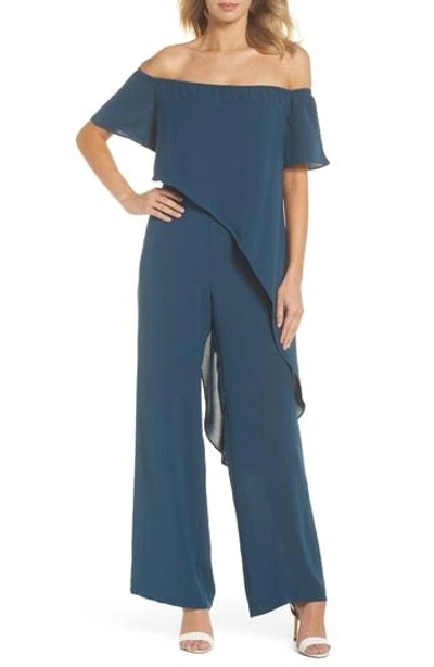 Adrianna Papell Gauzy Off The Shoulder Crepe Jumpsuit In Midnight Jungle