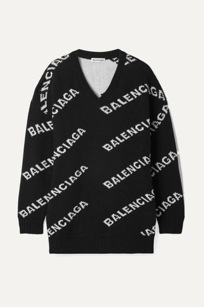 Balenciaga Oversized Intarsia Wool-blend Sweater In 1070 - Black/white