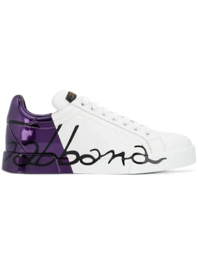 Dolce & Gabbana Leather Portofino Sneakers With Metallic Heel In White