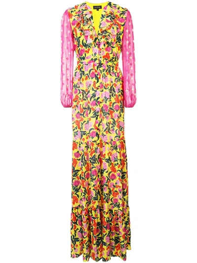 Saloni Ginny Floral Print Embellished Sleeve Silk Dress In Yellow Azale Pearl