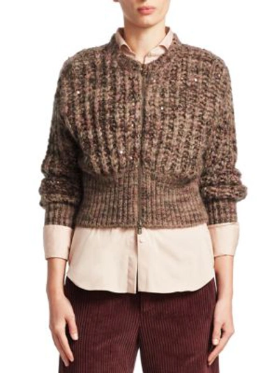 Brunello Cucinelli Knit Cashmere & Silk Cropped Cardigan In Maple