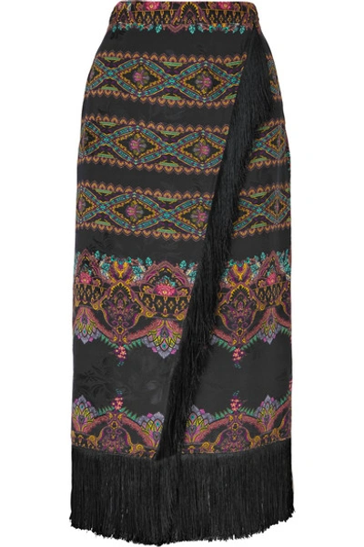 Etro Wrap-effect Fringed Printed Jacquard Midi Skirt In Black