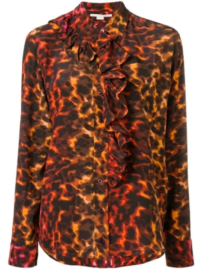 Stella Mccartney Ruffle-placket Neon Animal-print Silk Blouse In Brown