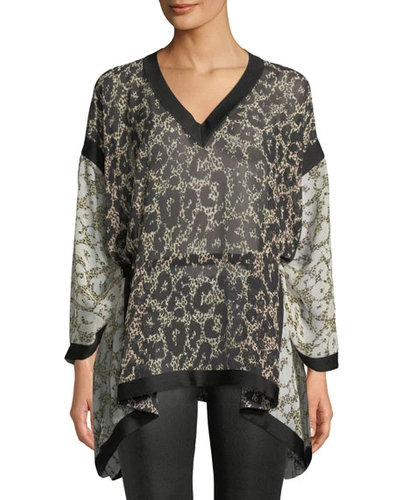 Roberto Cavalli Long-sleeve V-neck Retro Leopard-print Caftan Blouse W/ Self Belt