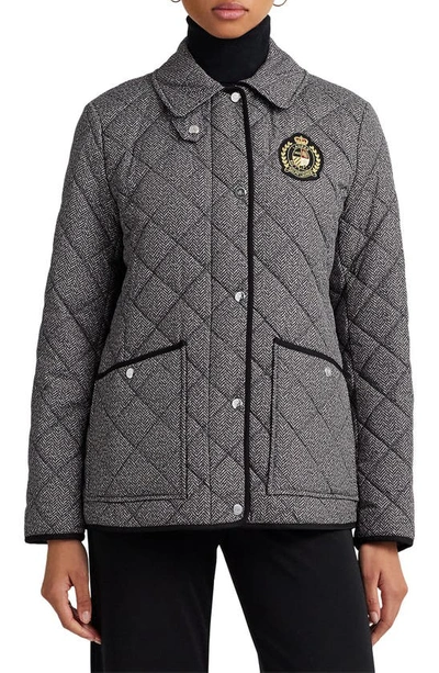 Lauren Ralph Lauren Herringbone Quilted Water Resistant Jacket In Black/ White