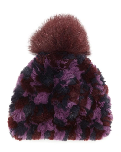 Glamourpuss Nyc Knitted Fur Pom-pom Hat, Black In Burgundy Camo