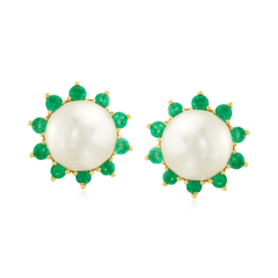 Ross-simons 8mm Cultured Pearl And . Emerald Earrings In 18kt Gold Over Sterling In Green