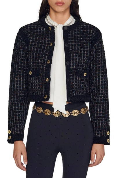 Sandro Full Metallic Knit Jacket In Black