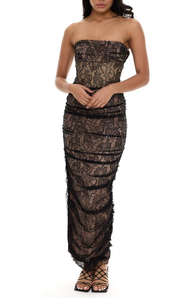 Rare London Ruched Lace Strapless Corset Gown In Black