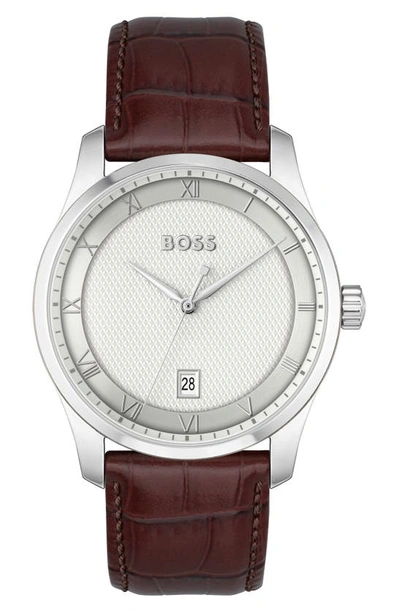 Hugo Boss Men Principle Quartz Basic Calendar Brown Leather Watch 41mm