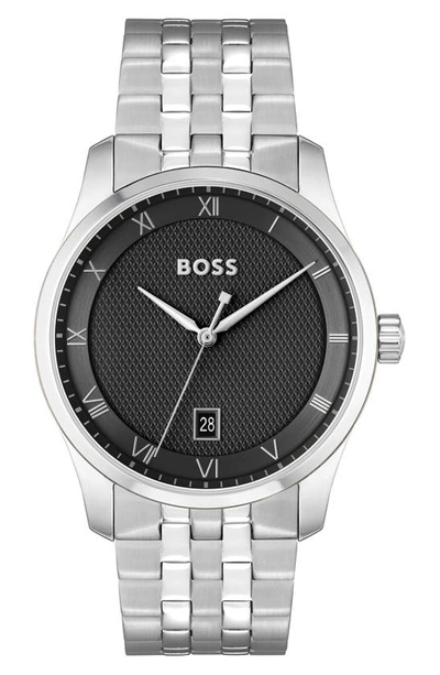 Hugo Boss Men Principle Quartz Basic Calendar Silver-tone Stainless Steel Watch 41mm In Black/silver