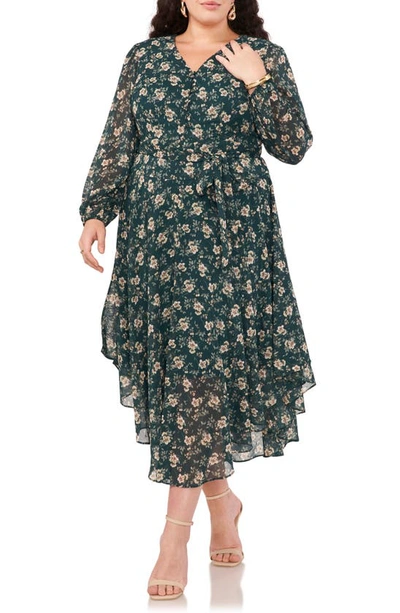 Vince Camuto Floral Long Sleeve Handkerchief Hem Dress In Deep Forest