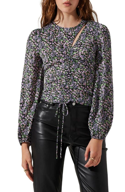 Astr Floral Cutout Ruched Blouse In Lavender Black Ditsy