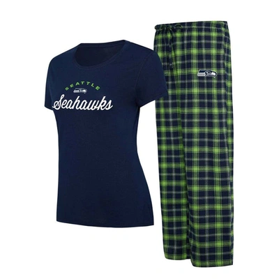 Concepts Sport Women's  College Navy, Neon Green Seattle Seahawks Arctic T-shirt And Flannel Pants Sl In Navy,neon Green