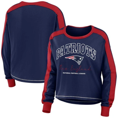 Wear By Erin Andrews Navy/red New England Patriots Color Block Modest Crop Long Sleeve T-shirt