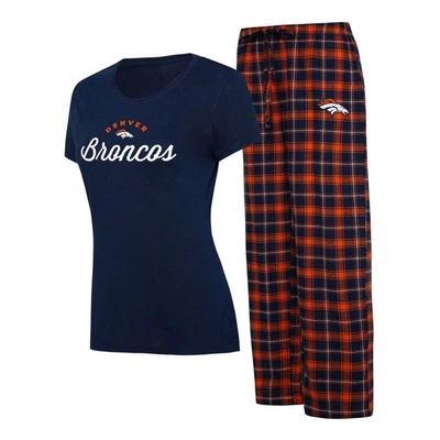 Concepts Sport Women's  Navy, Orange Denver Broncos Arctic T-shirt Flannel Pants Sleep Set In Navy,orange