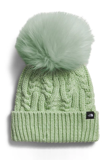The North Face Kids Oh Mega Beanie With Faux Fur Pom In Misty Sage