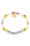 Little Words Project Smiley Face Custom Beaded Stretch Bracelet In White/ Yellow Multi
