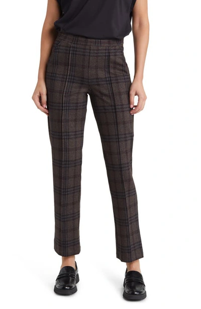 Hue Pintuck Plaid Pull-on Trousers In Brown