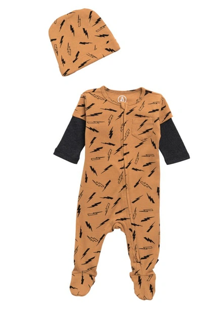 Volcom Babies' Stripe Colorblock Cotton Footed Romper & Beanie Set In Ochre