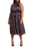 Anne Klein Floral Twist Neck Keyhole Midi Dress In Titian Red/juniper Multi